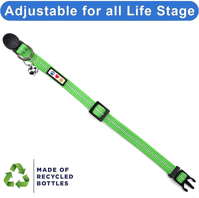 Pawtitas Recycled Green Reflective Cat Collar – Eco-Friendly Breakaway Safety Buckle, Adjustable Kitten & Adult Collar with Removable Bell and High-Visibility Strap