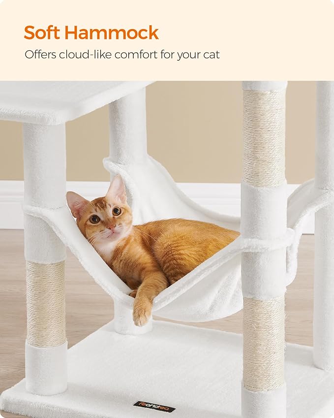 Feandrea Cat Tree, 56.3-Inch Cat Tower for Indoor Cats, Multi-Level Cat Condo with 4 Scratching Posts, 2 Perches, Hammock, Cave, Cream White UPCT161T01
