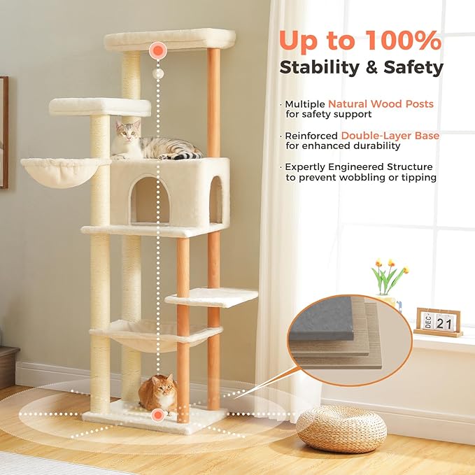 73" Tall Cat Tree for Large Cats, Wooden Cat Tower with Fully Sisal Covered Scratching Posts and Solid Wood Posts, Modern Cat Furniture with 2 Spacious Perch and Cozy Condo Beige