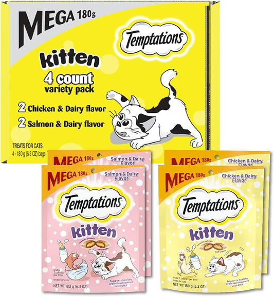 Temptations Kitten Crunchy and Soft Treats Chicken and Dairy and Salmon and Dairy Variety Pack, 6.3 oz. Pouches (Pack of 4)