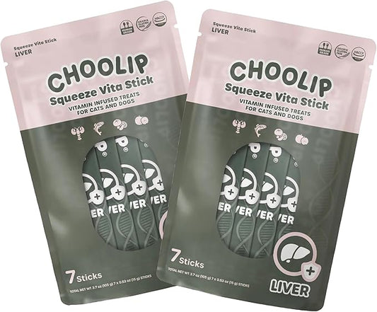 Choolip Squeeze Vita Stick Lickable Cat & Dog Treats – 14 Sticks (2×7 Value Bundle) Liver Support, Creamy Grain-Free Puree with Milk Thistle, Vitamin E & CoQ10 for Detox & Liver Cell Protection