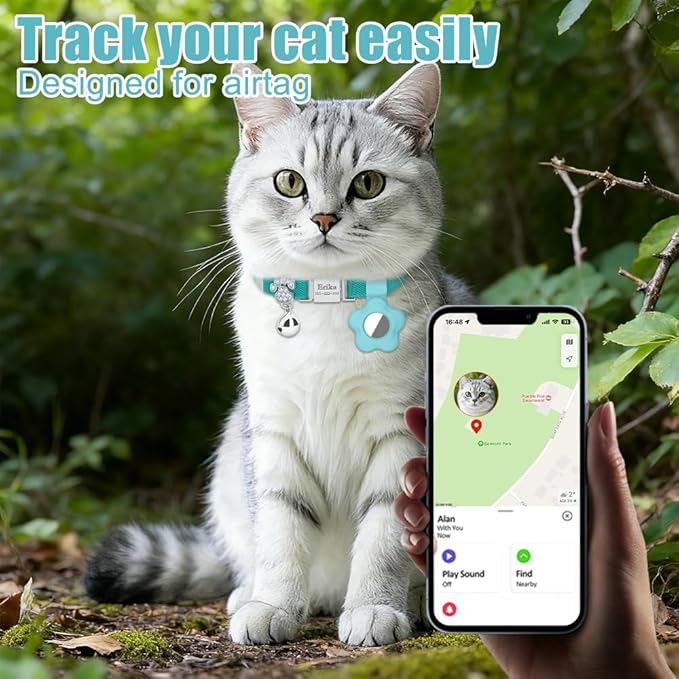 Personalized Safety Elastic Cat Collars with Bell Soft Silicone Cover for Air Tag,Laser Customized Stretch Kitten Collars for Girls Boys Cats (Cyan)