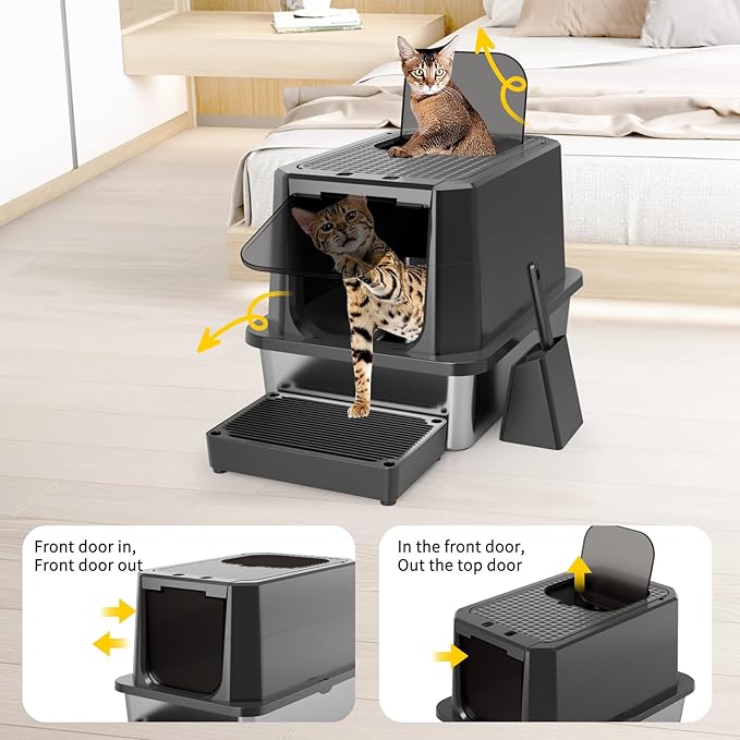 RIZZARI Enclosed Cat Litter Box: All Black Stainless Steel Odorless Cat Box - Top-Entry Design - Large Capacity Leak Proof Litter Pan for Cats - Easy Clean Pet Toilet - for Living Room Bedroom