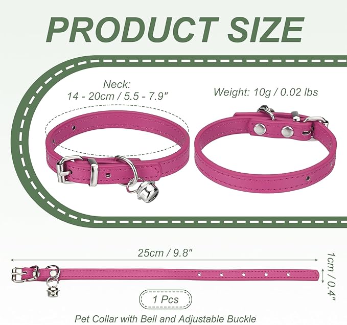 Dog Collar with Bell, Pu Leather Cat Collars Pet Basic Soft Padded Adjustable Buckle, 10" (Hot Pink, 1 Pcs), Intended for Teacup/Little Dog/Kitten Cats/Small Animals