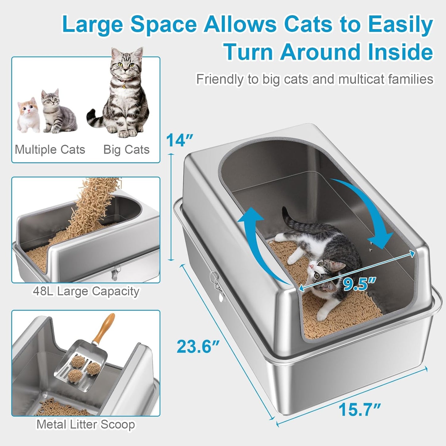 14'' High Sides XXL All Stainless Steel Cat Litter Box with Lid,XL Deep Metal Litter Box for Big Cats,Extra Large Litter Boxes with High Wall Enclosure,Anti-Leakage,Never Absorbs Odors,Non-Sticky
