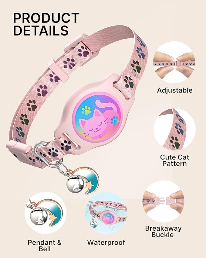Cat Collar with Airtag Holder, 2 Pack Waterproof Breakaway Kitten Collar for Apple AirTag GPS Tracker, Adjustable Cat Collar with Buckle, Bell & Reflective Pattern for Cats, Kittens, Pink (8-11")