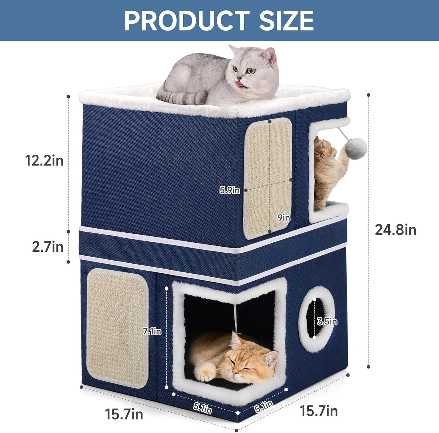 2-Storey Cat House for Indoor Cats, Large Double Cat Bed Cave with Hideaway Condos, Scratch Pads, Hanging Balls, Foldable Indoor Cat House Hold Up to 30LBS, Cat Cube for Multiple Cats Kitten, Blue