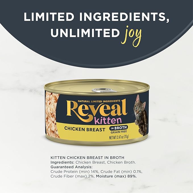 Reveal Natural Wet Kitten Food, Limited and Natural Ingredients, Grain Free, High Protein with No Artificial Additives, Chicken Breast in Broth (12 x 2.47 oz Cans)