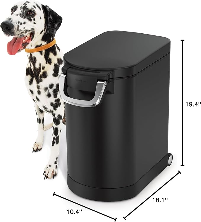 simplehuman 25 Liter, 27 lb / 12.2 kg Medium Pet Food Storage Container for Dog Food, Cat Food, and Bird Feed, Alloy Steel, Matte Black