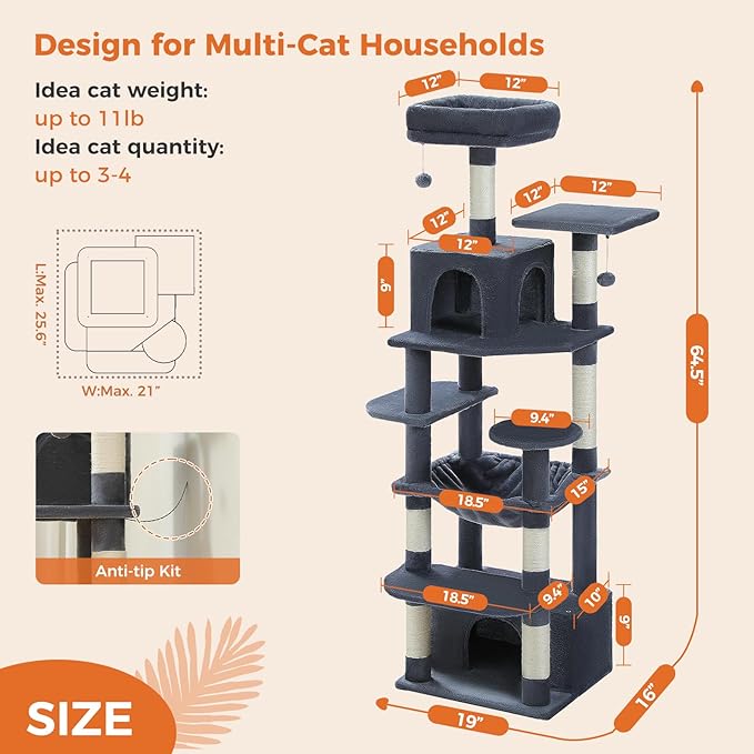 Cat Tree for Indoor Cats, 64.5" Tall Cat Tower with 2 Cozy Condos, Scratching Posts, Large Hammock and Dual Padded Perches, Multi-Level Activity Center for Large Cats, Dark Grey