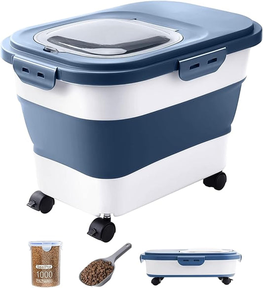 20-23 Lbs Dog Food Storage Container - Collapsible Dog Food Container with Wheels Airtight Lids, Scoop and Small Container, Pet Food Storage Dry Food For Dog, Cats and Other Pet (Blue)