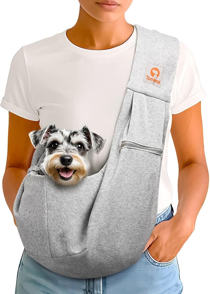 Tomkas Small Dog Sling Carrier - Zipper Pocket & Classic Strap - for 3-10 lbs Pets(Grey)