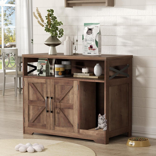 Cat Litter Box Enclosure, Hidden Litter Box Furniture with Scratch Pad, Farmhouse Indoor Cat House Washroom End Table, Retro Brown