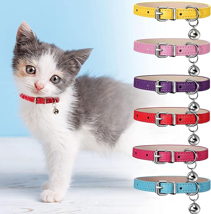 Weewooday 6 Pieces Leather Cat Collar with Bell Cute Pet Leather Kitten Collar for Boy Girl Cats with Safety Elastic Strap for Small Kitten Puppy(Classic Color)