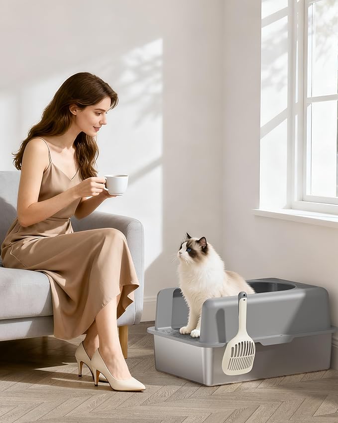 Stainless Steel Cat Litter Box, Extra Large Enclosed Litter Boxs for Big Cats, XL Metal Cat Litter Box with Lid, High Sided, Non Stick, No Smell, Easy to Clean, Included Scoop