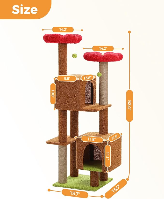52.4" Cat Tree for Indoor Cats, Multi-Level Cat Tower with 2 Flower Perches, 2 Cozy Condos & Sisal Scratching Posts, Stylish Kitty Climbing Furniture Playhouse for Adult Cats, Brown/Red