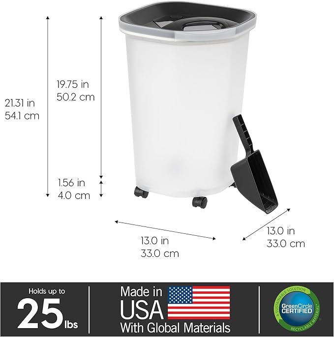 IRIS USA Pet Food Storage Container 25 lbs, Premium 60% Improved Airtight Seal with Air Valve, 2 Cup Scoop, Removable Wheels, Easy to Open - Made in the USA, Black