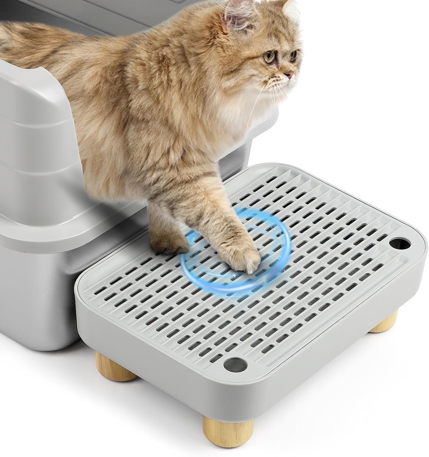 Cat Litter Box Step Ramp, Cat Litter Catcher Mat with Wooden Feet, Filter Function, Cat Pedal Stool for Self-Cleaning Cat Litter Box, Ideal for Kitten & Elderly Cats (Light Grey)