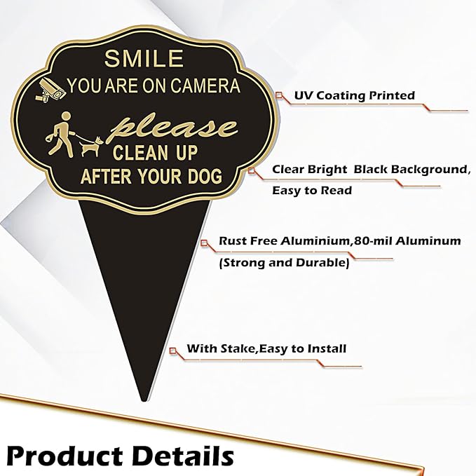 2 Pack Clean Up After Your Dog Sign, Smile You are on Camera Sign Double Sided 14”X10” No Pooping Dog Signs For Lawn or Yard With Integrated Stake Rust Resistant Aluminum for Outdoor Use