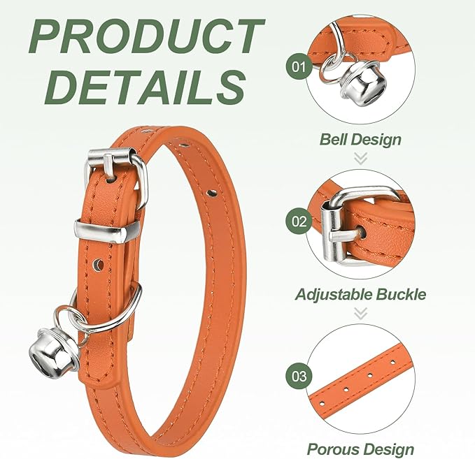 Dog Collar with Bell, Pu Leather Cat Collars Pet Basic Soft Padded Adjustable Buckle, 10" (Orange, 1 Pcs), Intended for Teacup/Little Dog/Kitten Cats/Small Animals