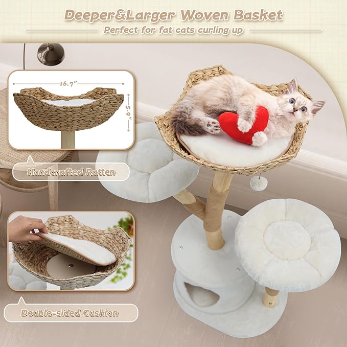 Solid Wood Cat Tree Tower, Modern Multi-Level w/ 2 Flower Perches, Scratching Post, Hanging Ball - Luxury Boho Cat Furniture w/Condo & Wicker Basket for Indoor Cats