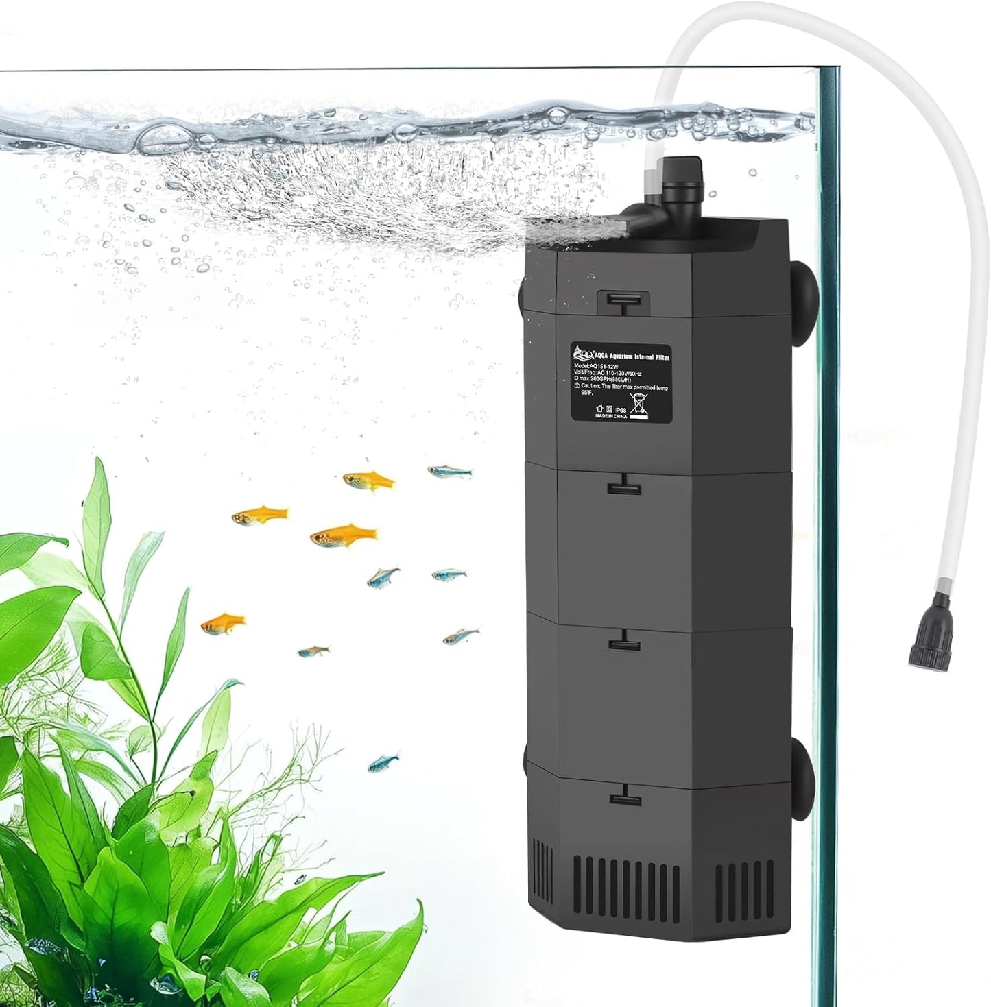 AQQA Submersible Aquarium Filter for 50-100Gal Fish Tank Whisper Fish Corner Filters with Adjustable Waterflow for Bio Filtration, Water Circulation and Oxygenation (12W,260GPH)