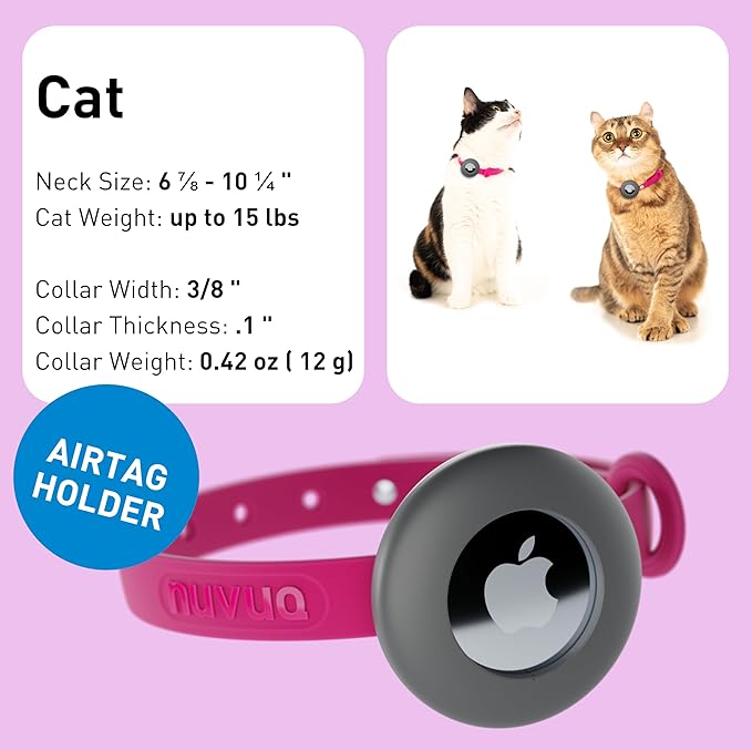 Airtag Breakaway Cat Collar - Soft, Comfortable, and Lightweight Safety Buckle Collar with Air Tag GPS Tracker Holder for Outdoor Cats and Sensitive Skin Kittens by Nuvuq (6 ⅞" to 10 ¼", Pink)