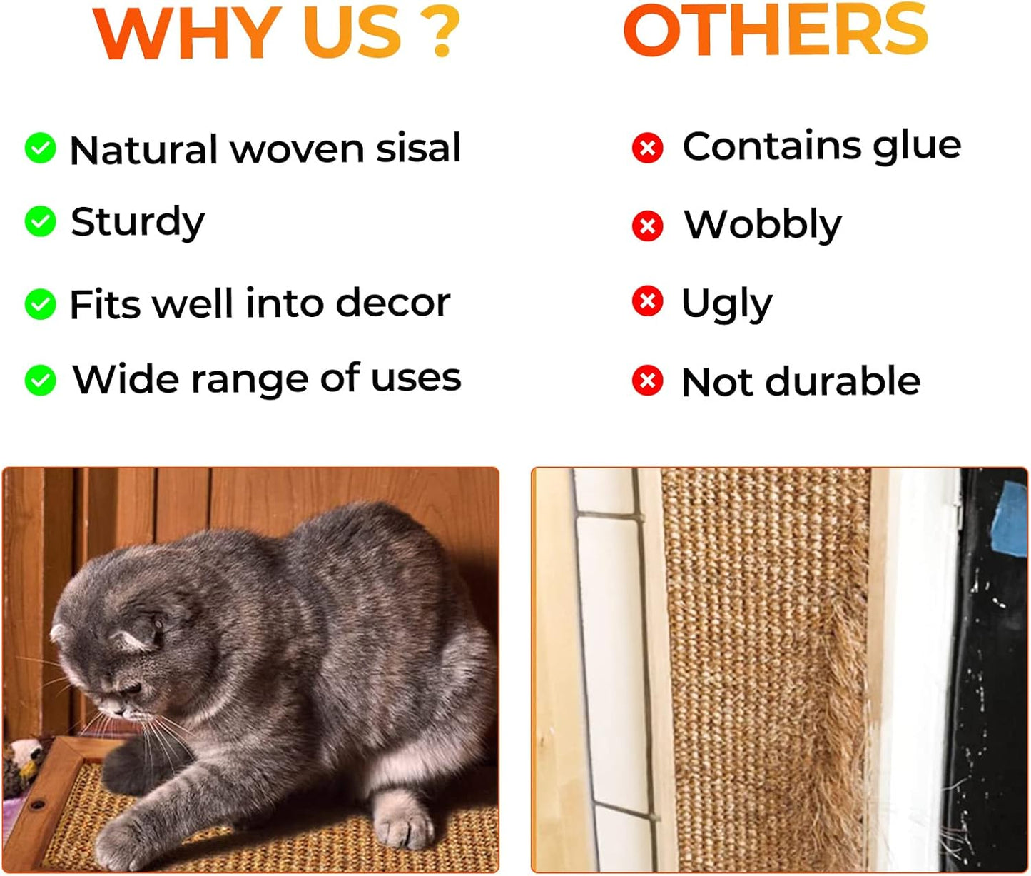 2PCS Cat Scratching Post - BXL, Natural Wooden Sisal Cat Wall Scratcher, Floor or Wall Mounted Vertical Cat Scratch Pad for Indoor Cats Adults or Kittens, Cat Wall Furniture Protector