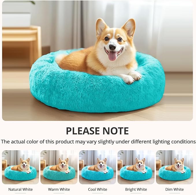 JOLLYVOGUE Small Dog & Cat Beds for Indoor Cats, Donut Cuddler Warming Soft Dog Beds with Anti-Slip Bottom, Round Calming Fluffy Plush Faux Fur Cushion Bed for Small Dogs (23", Aqua Blue)