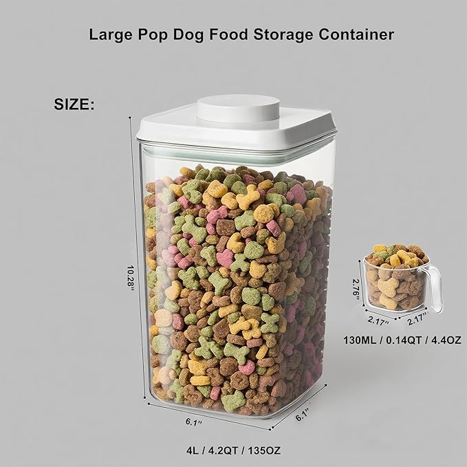 3-5 Lbs Dog-Cat Pop Treat - Airtight Jar - Pet Food Storage Container for Kibble & Treats, 2pcs 4L/4.2qt with 130ml/0.14qt Half Scoop Stackable Pop Lid Plastic Container with Lid