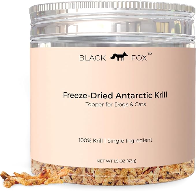 BLACK FOX Freeze-Dried Antarctic Krill Dog Treats | Cat Treats | Cat Food Topper | Dog Food Topper | 1.5 oz Single Ingredient, Raw, Healthy, All Natural, Human Grade, Omega-3 Fish Oil