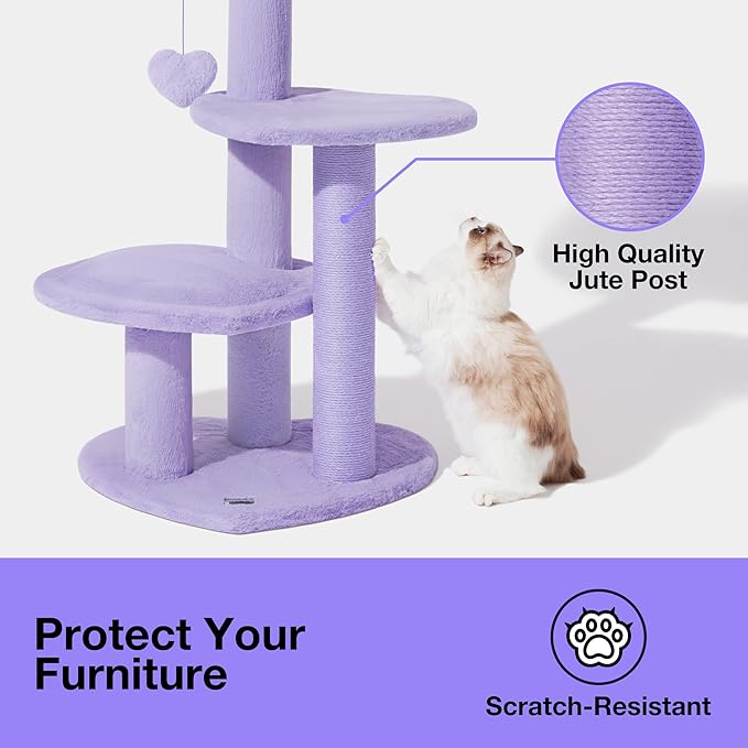 VETRESKA 40 inches Cat Tree for Indoor Cats, Multi Level Cat Tower with Cat Scratching Post, Cute Cat Climbing Tree with Dangling Toy for Cats, Purple