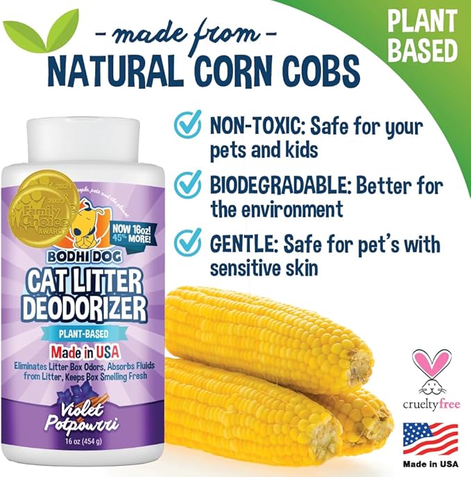 Bodhi Dog Cat Litter Odor Eliminator - Natural Gentle Deodorizer & Freshener for Strong Urine Smell - Long-Lasting Formula, Easy to Use, Reduces Litter Box Changes - Violet Potpourri Scent