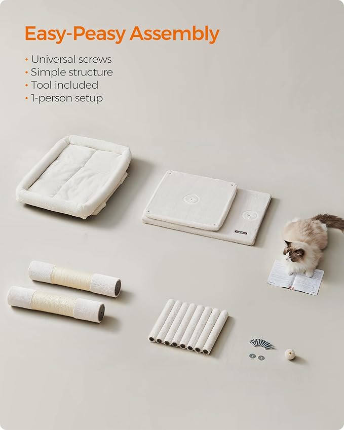 Feandrea Cat Tree, 39.8-Inch Cat Tower, XL, Cat Condo for Extra Large Cats up to 44 lb, Large Cat Perch, 2 Cat Caves, Scratching Post, Cream White UPCT614T01