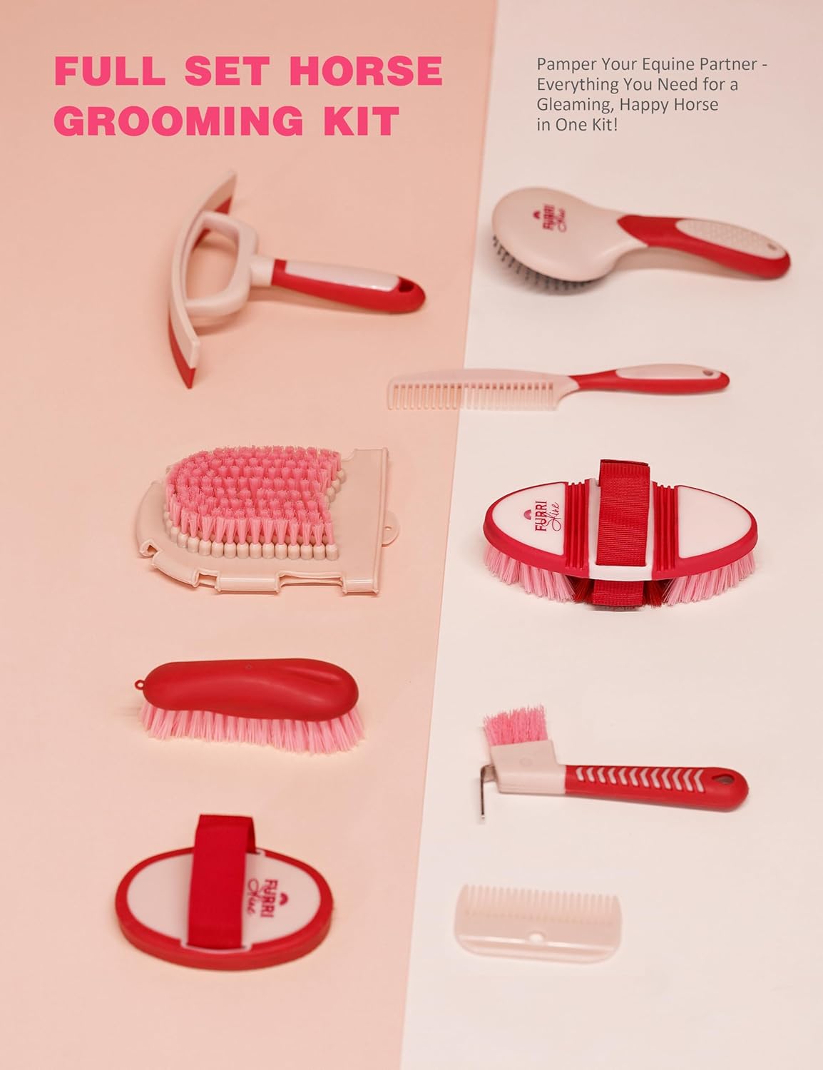 11PCS Horse Grooming Kit Curry Comb Sweat Scraper Horse Bathing Supplies Grooming Tools with Storage Bag Pink Garnet
