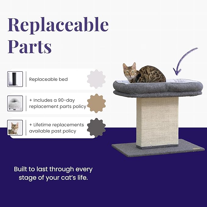Catry Mellow 2-Level 19" Cat Tree with Large Washable Replaceable Bed, Big Sisal Post, Quick Assembly, Built to Last, Ideal for Small to Large Cats, Grey