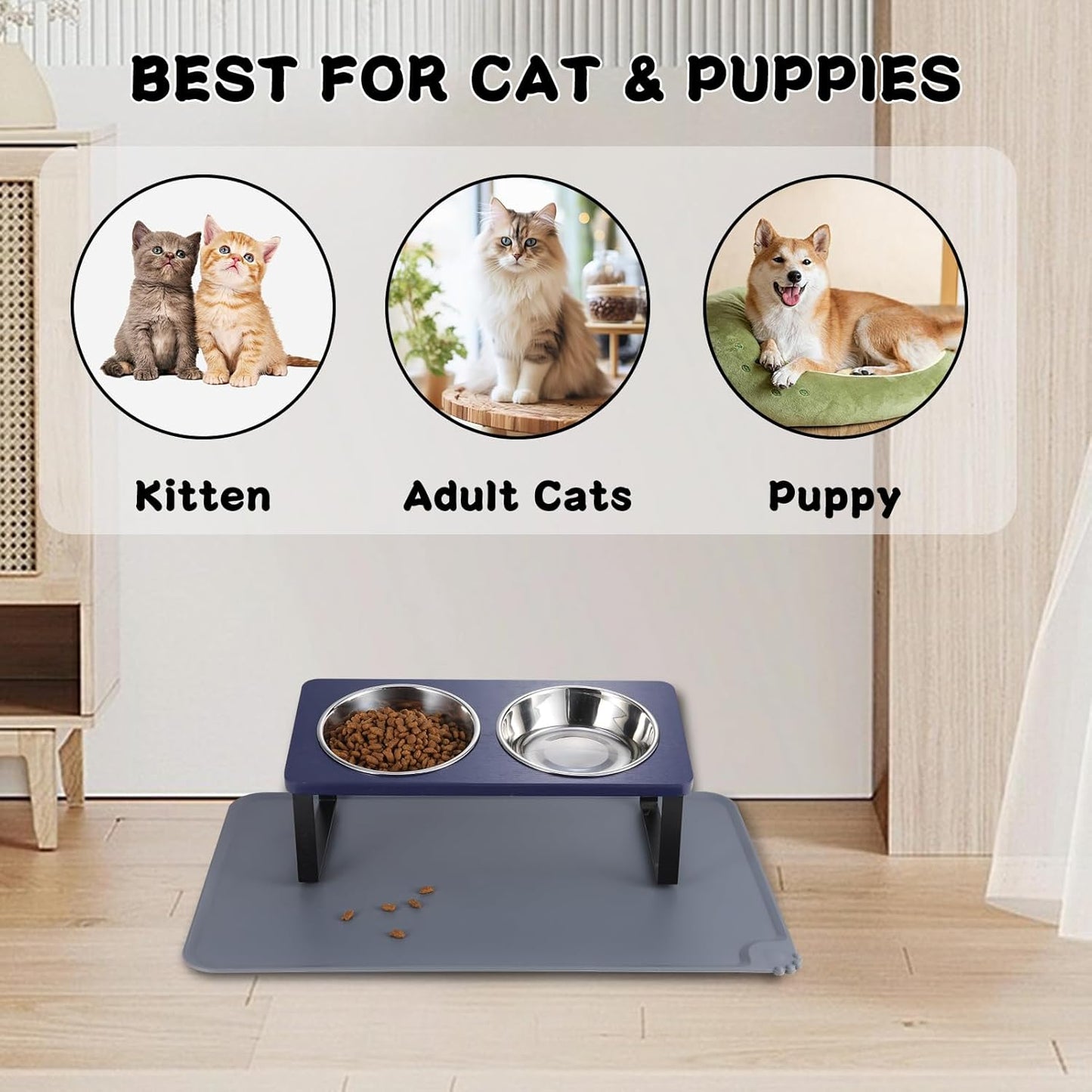 Upgraded Elevated Cat Bowls with Food Mat,15°Tilted Stand Anti Vomiting Raised Cat Dishes for Food and Water,2 Stainless Steel Bowls for Cats and Puppies（Navy Blue）