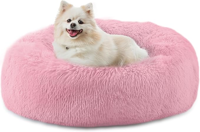 23'' inch Calming Dog Bed, Anti-Anxiety Donut Small Dog Bed, Warming Cozy Soft Cute Round Washable, Marshmallow Cuddler Nest Puppy Dogs and Cats Bed, Pink