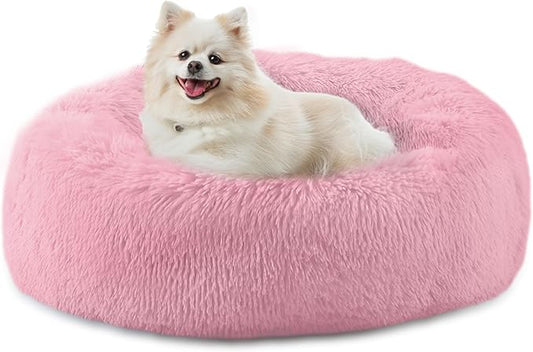 23'' inch Calming Dog Bed, Anti-Anxiety Donut Small Dog Bed, Warming Cozy Soft Cute Round Washable, Marshmallow Cuddler Nest Puppy Dogs and Cats Bed, Pink