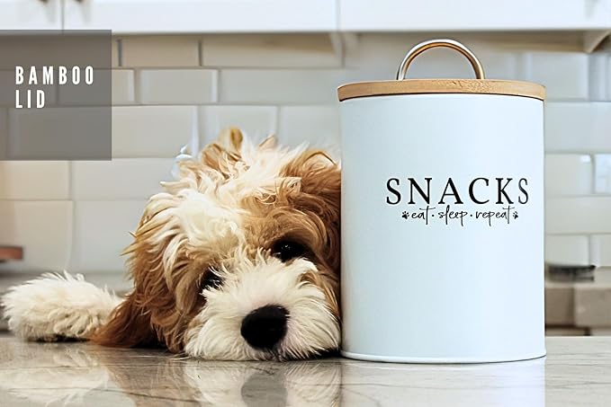 White Dog and Cat Treat Container with Easy to Open Bamboo Lid, 8.5 cups/ 70 fl oz.