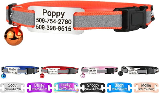 GoTags Personalized Reflective Cat Collars with Tag, Engraved Custom with Name and Phone, Breakaway Collar with Safety Buckle and Bell, Adjustable for Cats and Kitten, (Orange with Nameplate)