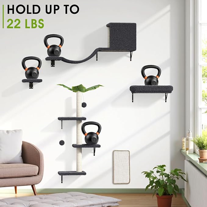 5-in-1 Cat Wall Shelves for 16 Inch Drywall: Space-Saving Wall Mounted Cat Shelves with Climbing, Perch & Lounge