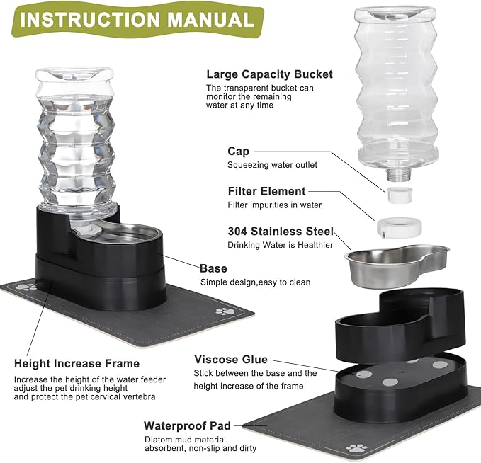 RIZZARI Large Water Dispenser for Dogs: 8L Raised Gravity Black Automatic Stainless Steel Waterer with Specialized Brush and Triple Filter for Senior Dogs - Good for Spine - in Bedroom Garden