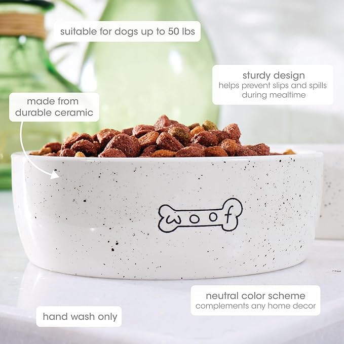 Pearhead Ceramic Woof Dog Bowl, Holds 3 Cups, Stoneware Food and Water Dish, Pet Feeding, Microwave and Dishwasher Safe, Medium
