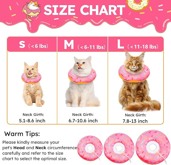 Cat Cone Collar Soft, Cat Recovery Collar for Wound Healing Cute Donut Adjustable Kitten Cones to Stop Licking Comfortable Lightweight Neck Elizabethan Collars for Kittens After Surgery