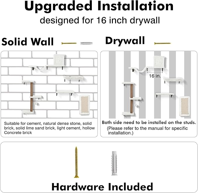 5-in-1 Cat Wall Shelves, Multi-Level Cat Climbing Furniture, Perch & Lounge for Indoor Cats, Space-Saving Wall Mounted Shelves for Play & Rest (Natural Wood) - White