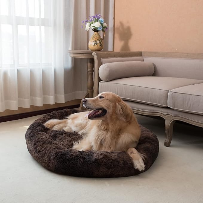 Coohom Oval Calming Donut Cuddler Dog Bed,Shag Faux Fur Cat Bed Washable Round Pillow Pet Bed(30"/36") for Small Medium Dogs (XXL(43"x34"x8"), Brown2021)