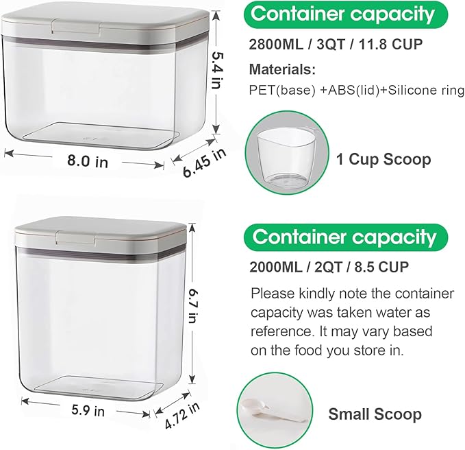 2 Pack Large Dog Treat Container Bins 2 Qt + 3 Qt with One-Press Flip-up Lid, Airtight Pet Dog Cat Treat Jar for Countertop, Pet Biscuit Canister Cookie Holder