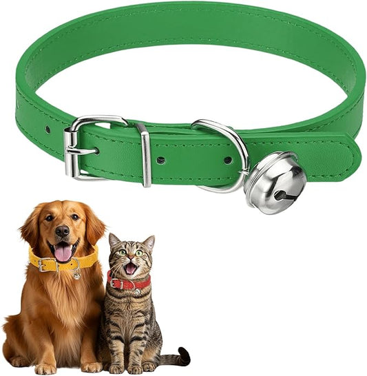 Dog Collar with Bell, Pu Leather Cat Collars Pet Basic Soft Padded Adjustable Buckle, 20" (Green, 1 Pcs), Intended for Teacup/Little Dog/Kitten Cats/Small Animals