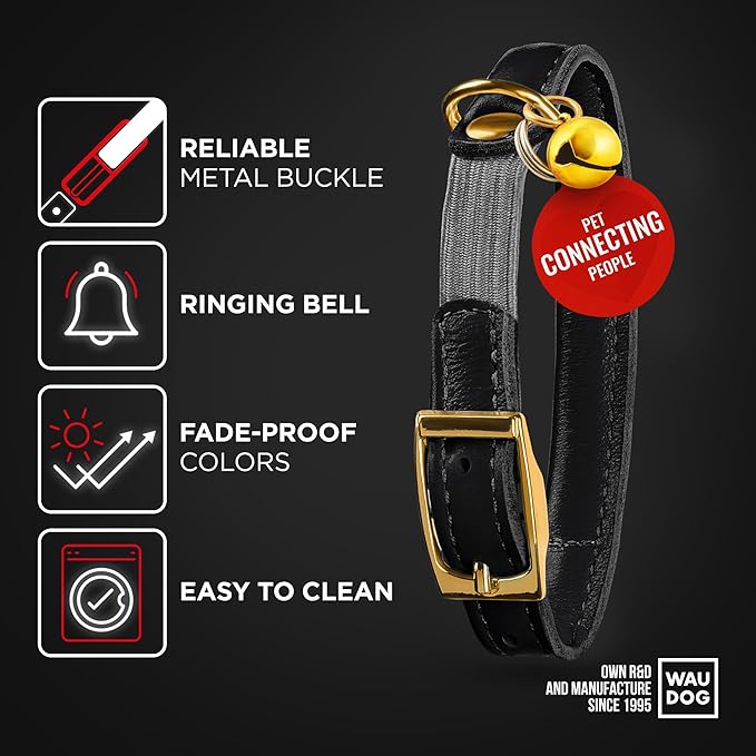 WAUDOG Ultra Soft Rolled Leather Cat Collar with Removable Bell, Safety Elastic Strap and QR ID Tag - Soft Padded for Small, Medium, and Large Cats - Round Kitten Collar for Male and Female Cats